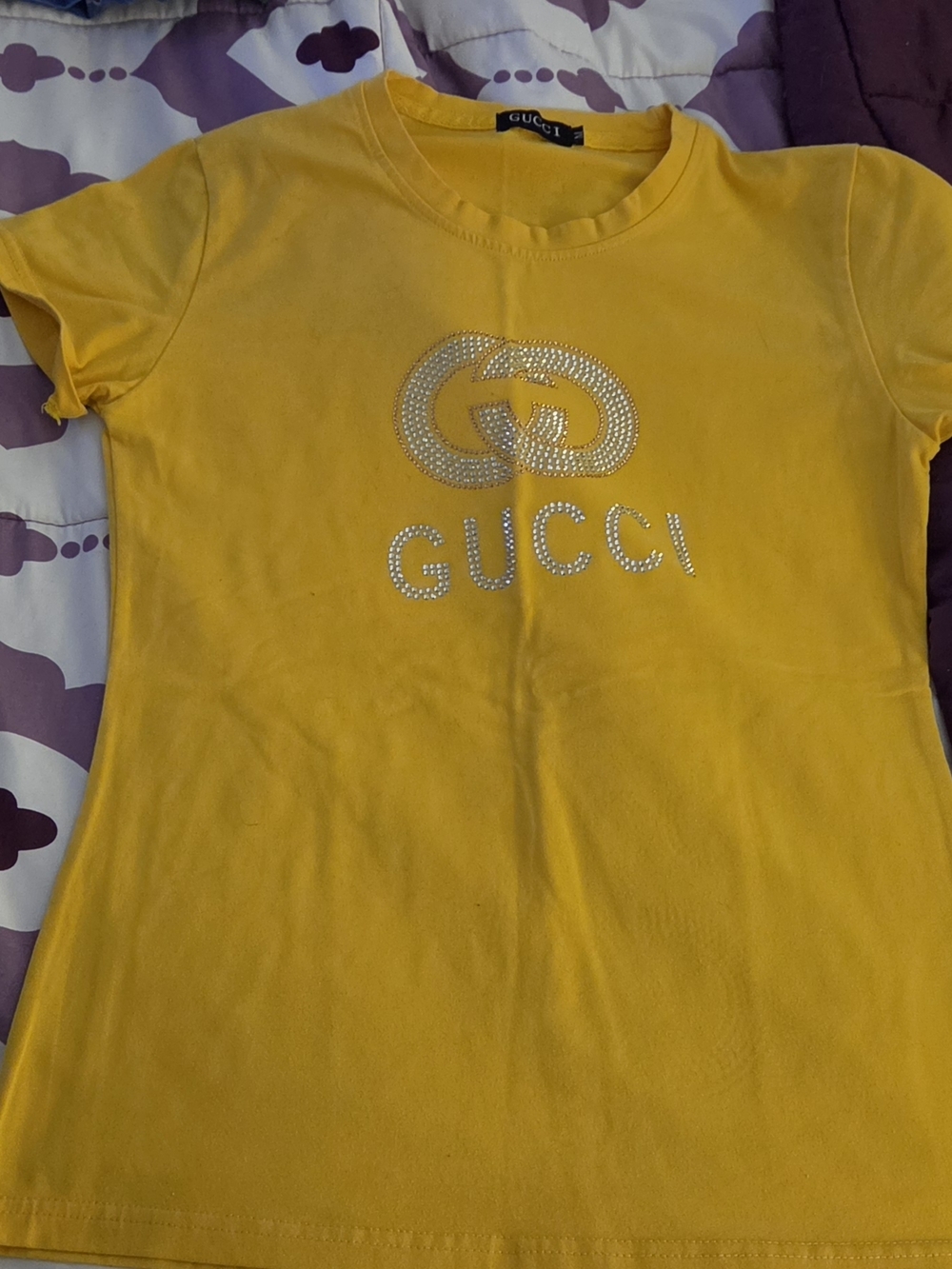 Gucci Yellow Crystal-Embellished Logo Short Sleeve Tee